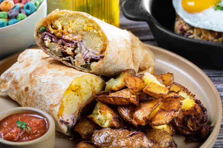 Breakfast burrito served with golden roasted potatoes and salsa at Early Birds breakfast spot in Las Vegas.