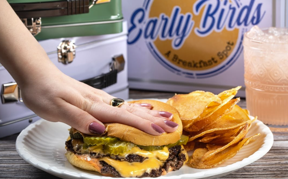 “Double Smash Burger at Early Birds restaurant on Blue Diamond Road in Enterprise, Las Vegas – two smashed beef patties with cheese, pickles, onions, and secret sauce – the best breakfast smash burger near you.”