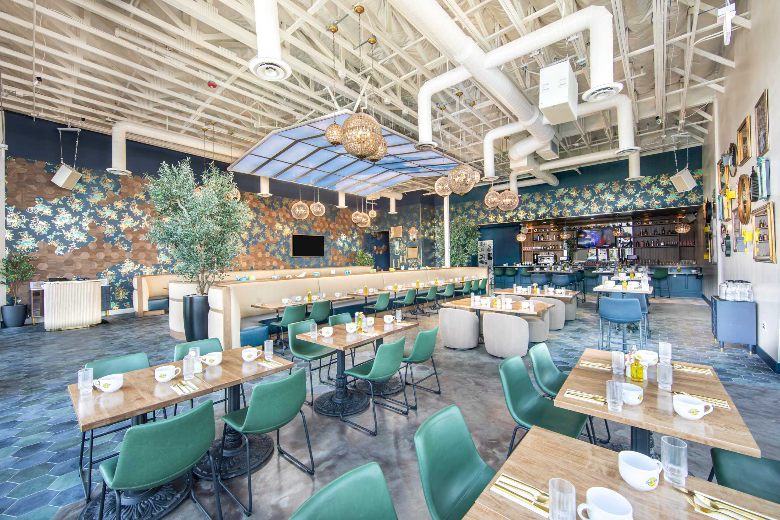 Interior of Early Birds restaurant in Las Vegas, a modern breakfast spot known for serving the best Matcha Parfait in Enterprise