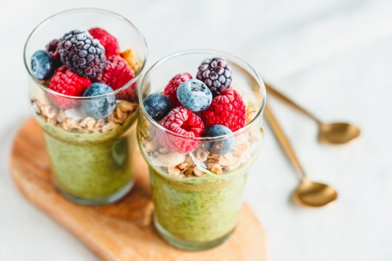 Matcha Parfait served at Early Birds restaurant in Las Vegas with chia pudding, Greek yogurt, granola, and fresh berries