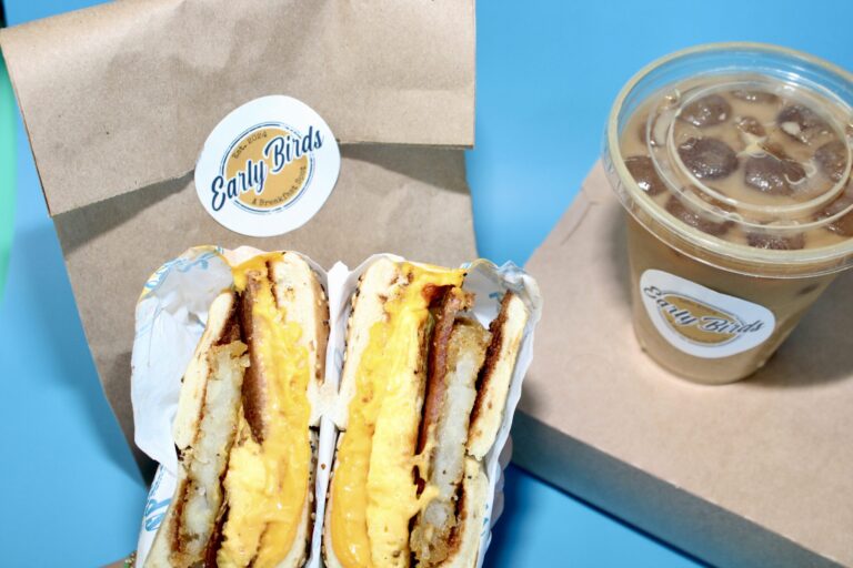 Bodega Bagel Sandwich in Las Vegas with iced coffee from Early Birds breakfast spot