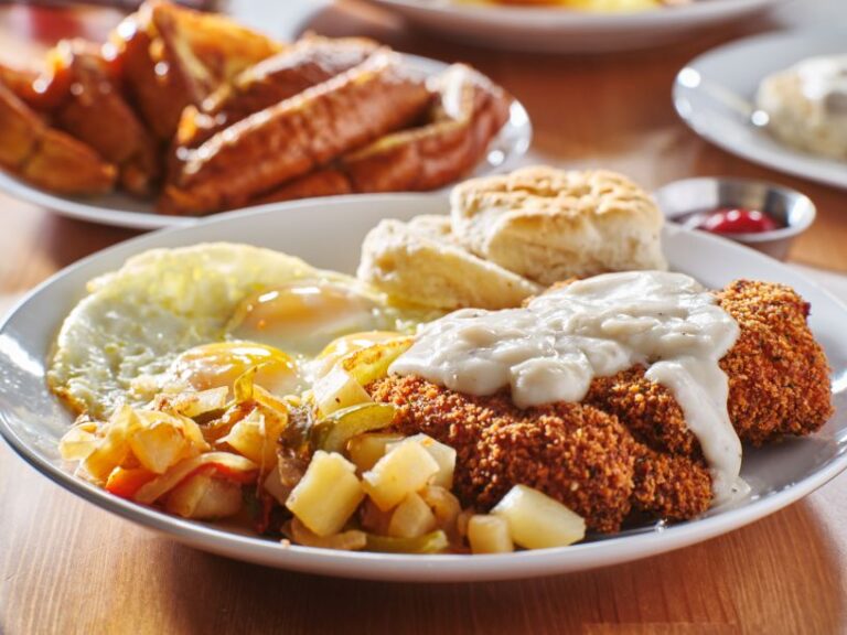 Country fried steak with eggs, potatoes, and biscuit at Early Birds in Las Vegas